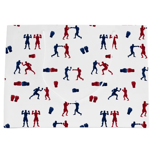 赤と青のボクシンググローブボクサーパターン ラージペーパーバッグ (正面)