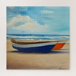 赤と青のボートの砂浜ビーチ ジグソーパズル