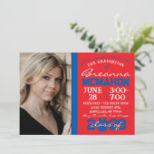 赤と青のポー印刷の卒業写真 招待状 (スタンド正面)