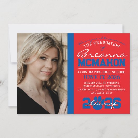 赤と青のポー印刷卒業のお知らせ 招待状 (正面)