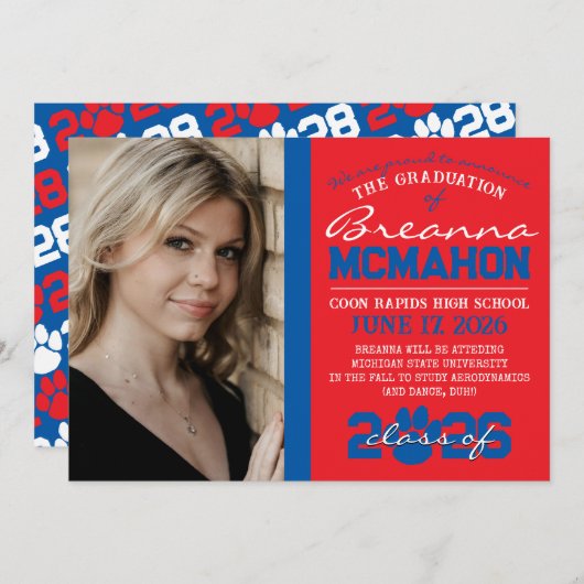 赤と青のポー印刷卒業のお知らせ 招待状 (正面/裏面)
