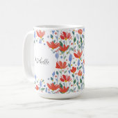 赤と青のモノグラム入り水彩花柄 コーヒーマグカップ (正面左)