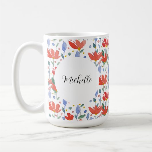 赤と青のモノグラム入り水彩花柄 コーヒーマグカップ (左)