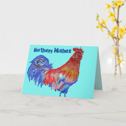 赤と青のルースターウォーターカラーカードアクアコケレル カード (黄色い花)