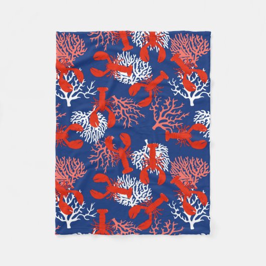 赤と青のロブスター沿岸パターン（の模様が）ある フリースブランケット (正面)
