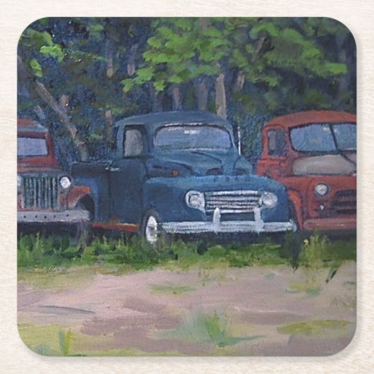 赤と青のヴィンテージトラック、オリジナル絵画ズ スクエアペーパーコースター (正面)