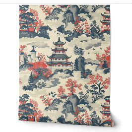 赤と青の中国の寺院の木々と山々 壁紙