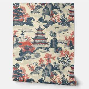 赤と青の中国の寺院の木々と山々 壁紙