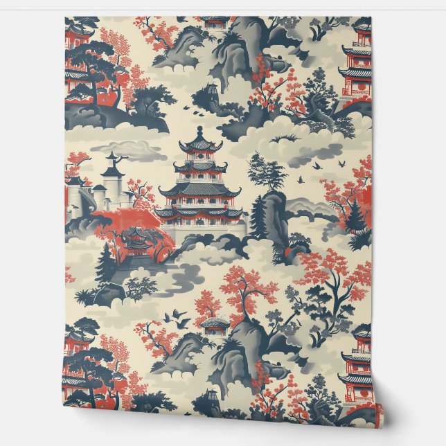 赤と青の中国の寺院の木々と山々 壁紙 (ほどく)