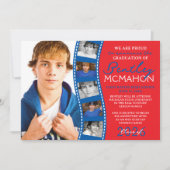 赤と青の写真フィルムストリップのグラード発表 招待状 (正面)