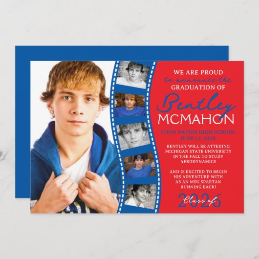 赤と青の写真フィルムストリップのグラード発表 招待状 (正面/裏面)