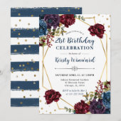 赤と青の冬の花フレーム誕生日 招待状 (正面/裏面)