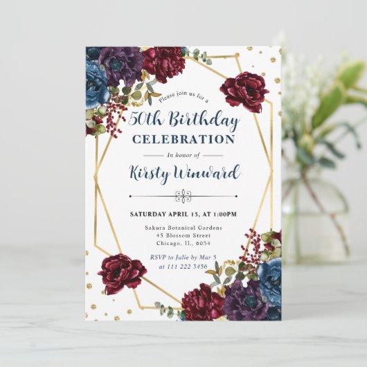 赤と青の冬の花フレーム50誕生日 招待状 (スタンド正面)