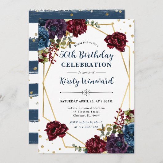 赤と青の冬の花フレーム50誕生日 招待状 (正面/裏面)