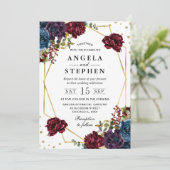 赤と青の冬の花金ゴールド結婚枠 招待状 (スタンド正面)