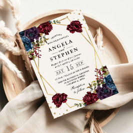 赤と青の冬の花金ゴールド結婚枠 招待状