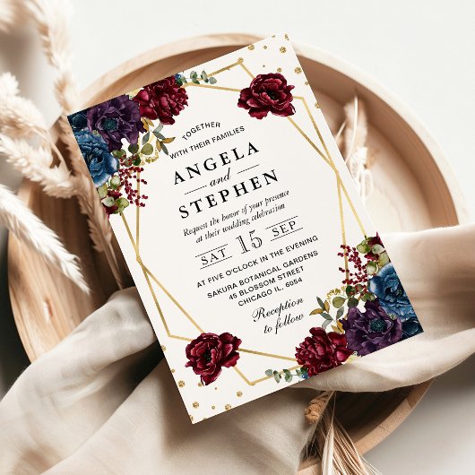 赤と青の冬の花金ゴールド結婚枠 招待状