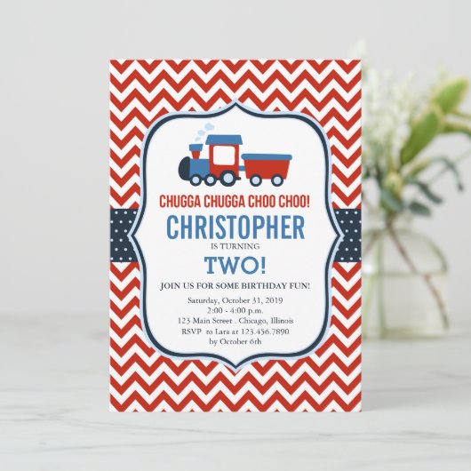 赤と青の列車の誕生日パーティーの招待状 招待状 (スタンド正面)