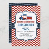 赤と青の列車の誕生日パーティーの招待状 招待状 (正面/裏面)