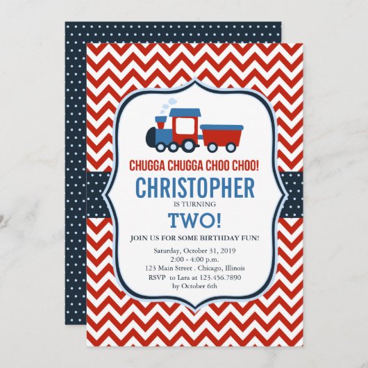 赤と青の列車の誕生日パーティーの招待状 招待状 (正面/裏面)