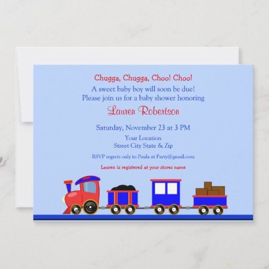 赤と青の列車ベビーシャワー招待状 招待状 (正面)