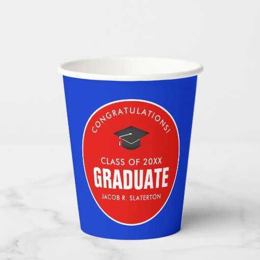 赤と青の卒業パーソナライズされた紙杯 紙コップ (裏面)