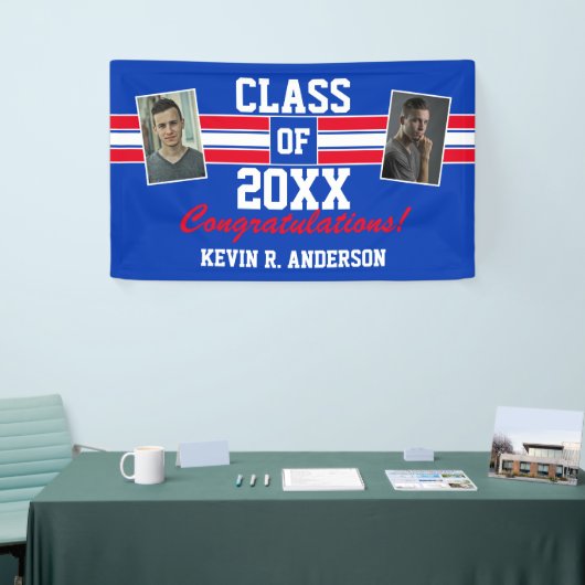 赤と青の卒業写真おめでとう 横断幕 (トレードショー)
