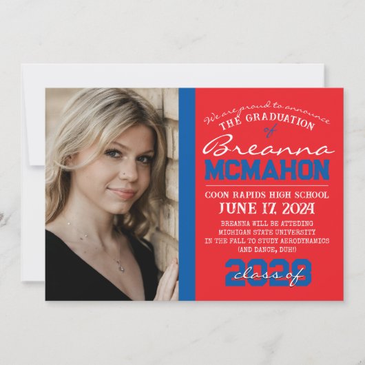 赤と青の卒業式2写真のお知らせ 招待状 (正面)