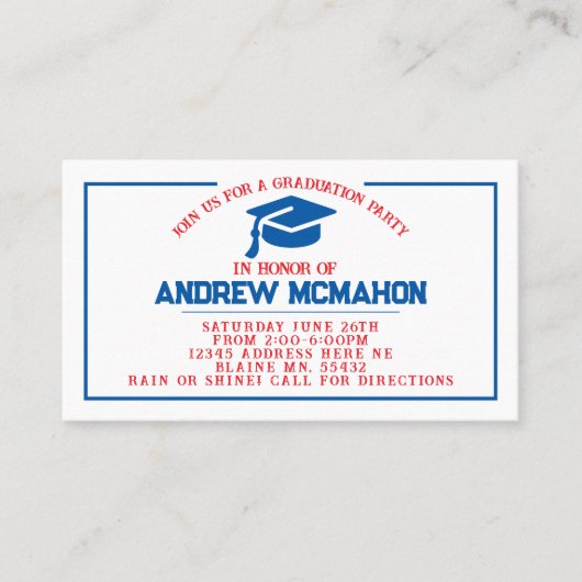 赤と青の卒業招待状発表の挿入 名刺 (正面)