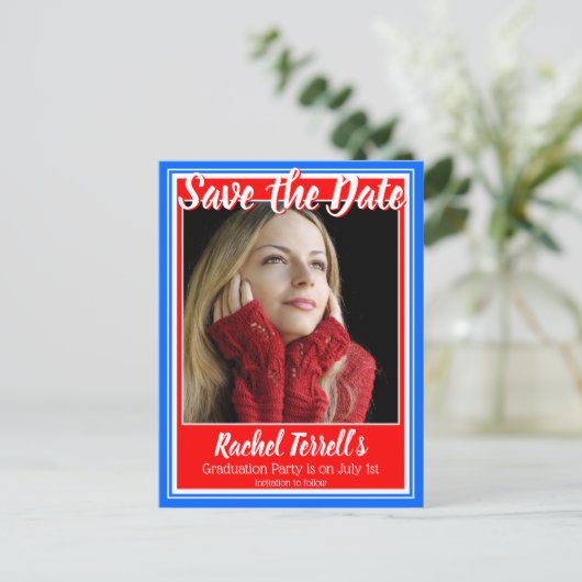 赤と青の卒業日を保存 案内ポストカード (スタンド正面)