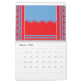 赤と青の印象的なパターンは、エレガントなフラム カレンダー (2月 2026)