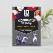 赤と青の図解入りの、写真付きの野球の誕生会 招待状 (スタンド正面)