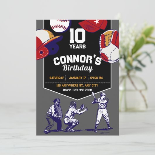 赤と青の図解入りの、写真付きの野球の誕生会 招待状 (スタンド正面)
