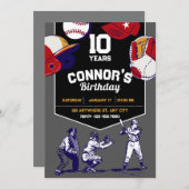 赤と青の図解入りの、写真付きの野球の誕生会 招待状 (正面/裏面)