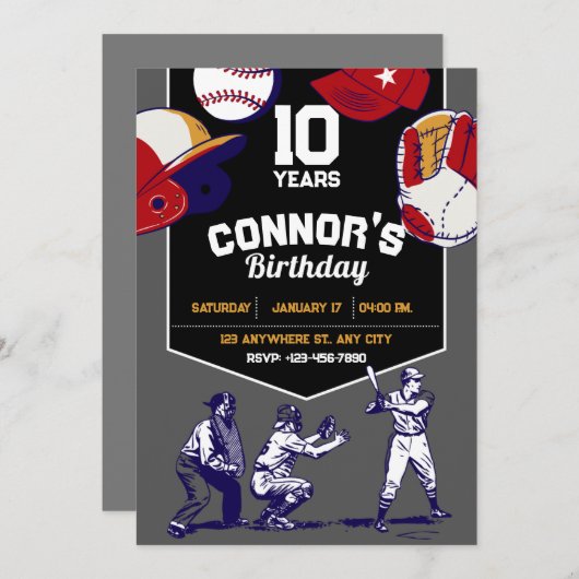 赤と青の図解入りの、写真付きの野球の誕生会 招待状 (正面/裏面)