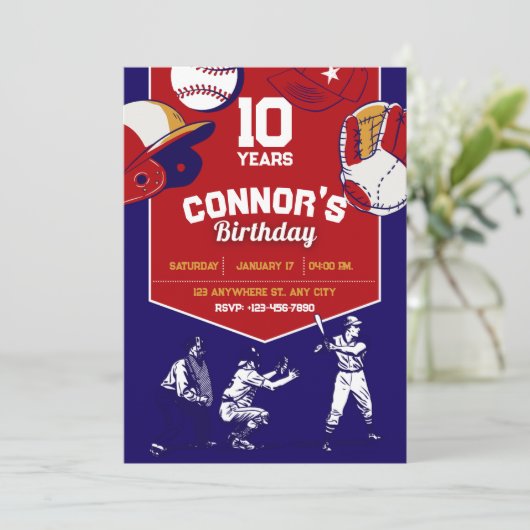 赤と青の図解入りの、写真付きの野球の誕生会 招待状 (スタンド正面)