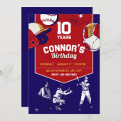 赤と青の図解入りの、写真付きの野球の誕生会 招待状 (正面/裏面)