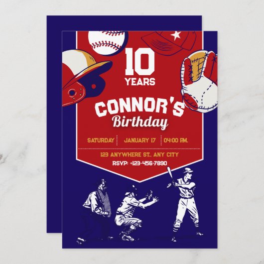 赤と青の図解入りの、写真付きの野球の誕生会 招待状 (正面/裏面)