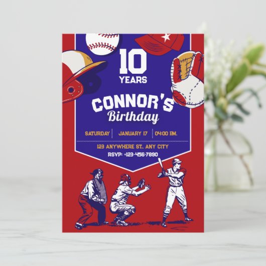 赤と青の図解入りの、写真付きの野球の誕生会 招待状 (スタンド正面)