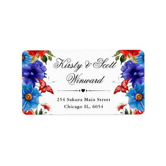 赤と青の夏の花アドレス ラベル (正面)