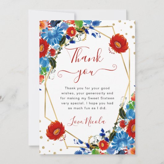 赤と青の夏の花フレーム甘い16 サンキューカード (正面)