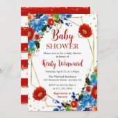 赤と青の夏の花フレーム赤ちゃんシャワー 招待状 (正面/裏面)