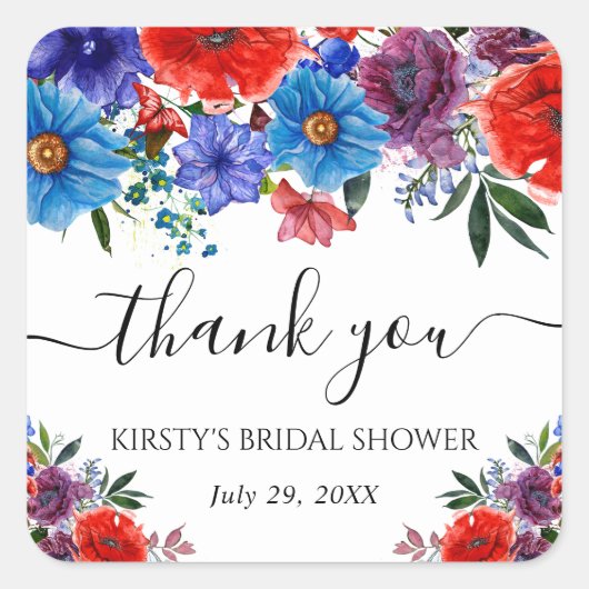赤と青の夏の花ブライダルシャワー スクエアシール (正面)