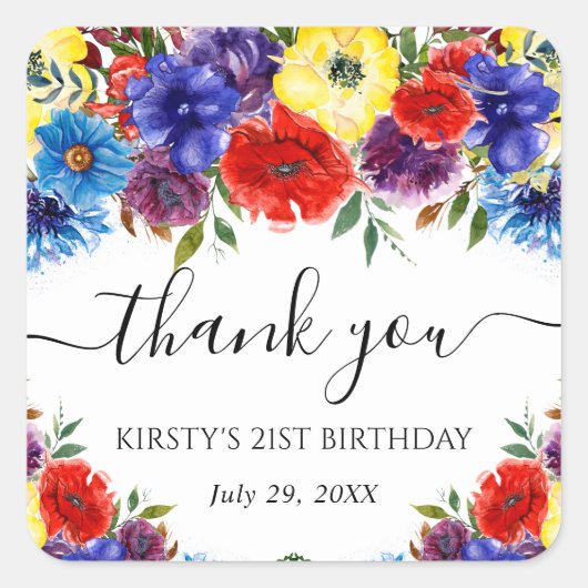 赤と青の夏の花誕生日 スクエアシール (正面)