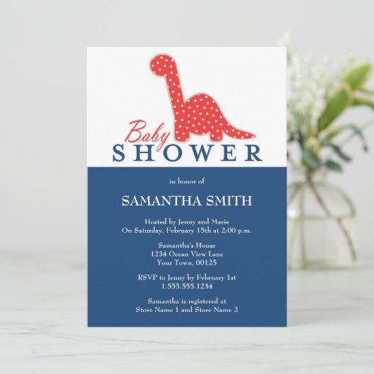 赤と青の恐竜をテーマにした赤ちゃんシャワー 招待状 (スタンド正面)