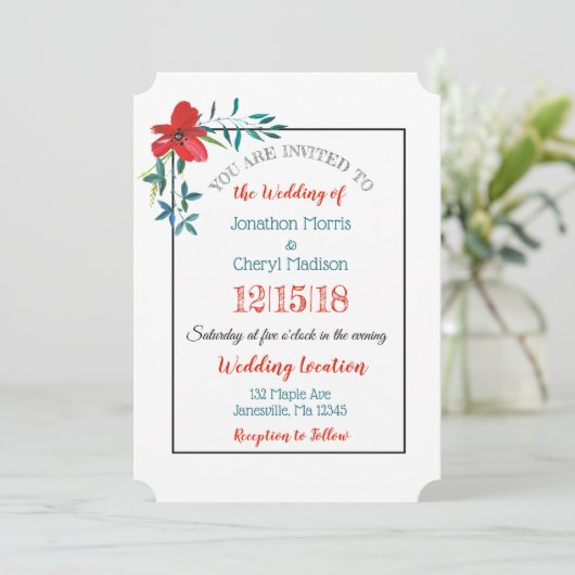 赤と青の手の花色彩の鮮やかの結婚式招待状 招待状 (スタンド正面)