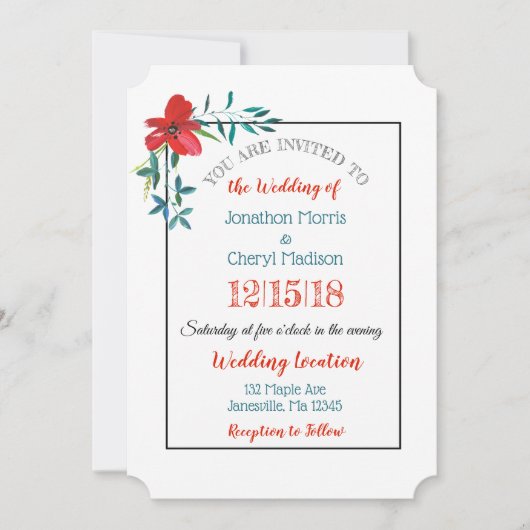 赤と青の手の花色彩の鮮やかの結婚式招待状 招待状 (正面)