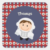 赤と青の星の宇宙飛行士ステッカー スクエアシール (正面)