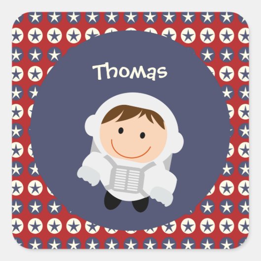 赤と青の星の宇宙飛行士ステッカー スクエアシール (正面)