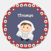 赤と青の星の宇宙飛行士ステッカー ラウンドシール (正面)